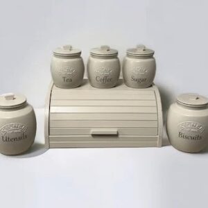 Creamy Taupe Tea Coffee Sugar Biscuit and Utensil and Bread Bin