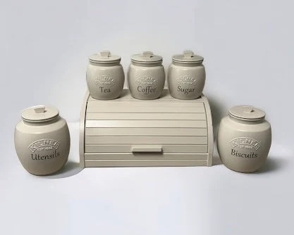 Beige 5 set - Glamjar Products Creamy Taupe Tea Coffee Sugar Biscuit and Utensil and Bread Bin