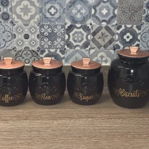 Black Tea Coffee Sugar & Biscuit Storage Jars Canister Set