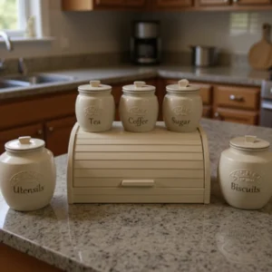 Creamy Taupe Tea Coffee Sugar Canister set Biscuit /Utensil