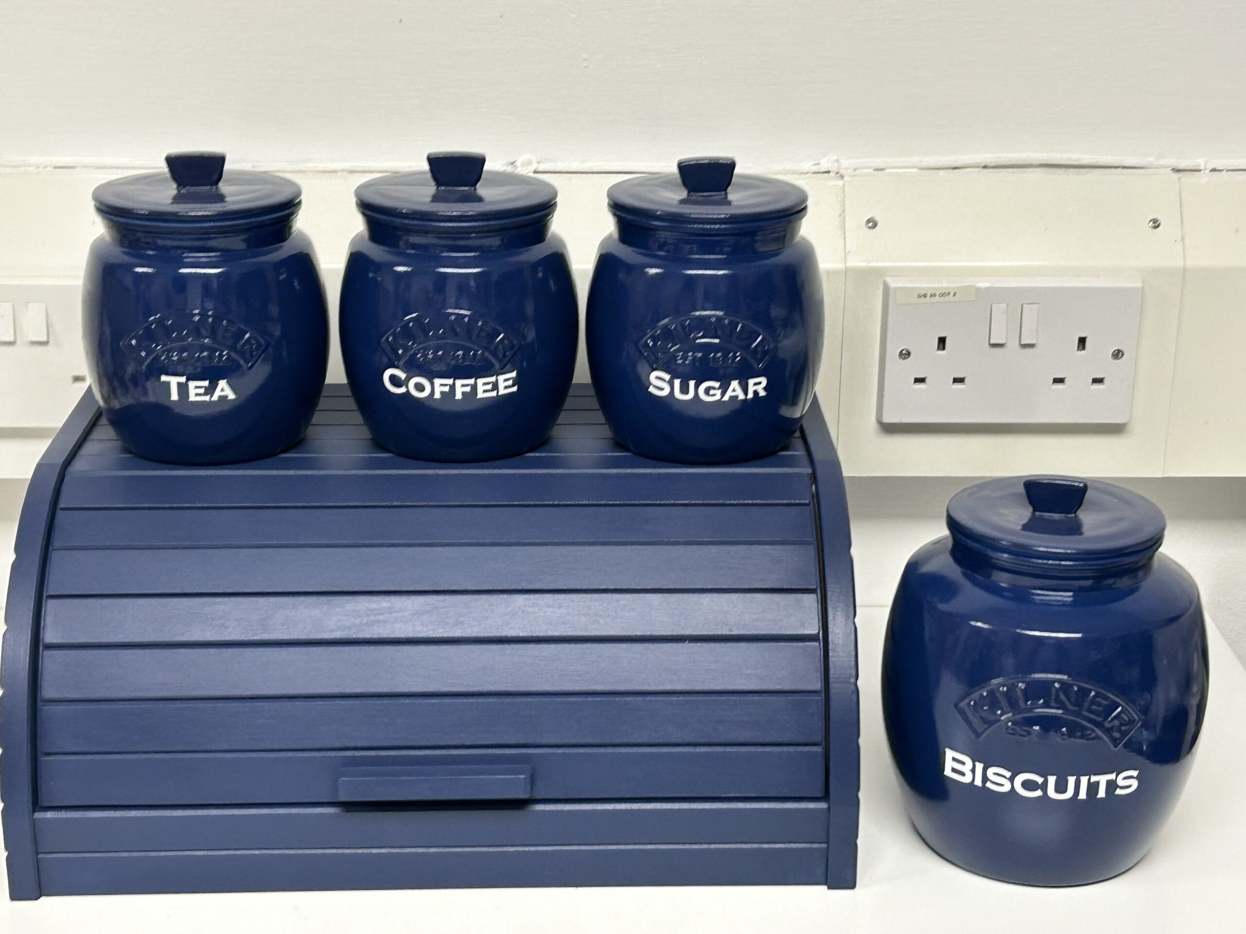 IMG_2054 - Glamjar Products Dark blue Tea Coffee Sugar Canisters Biscuit / Cookie Jar and Bread Bin