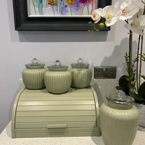 Sage Green Ribbed Kitchen Canister Comes In Sets Of 4 Jars With Bread Bin