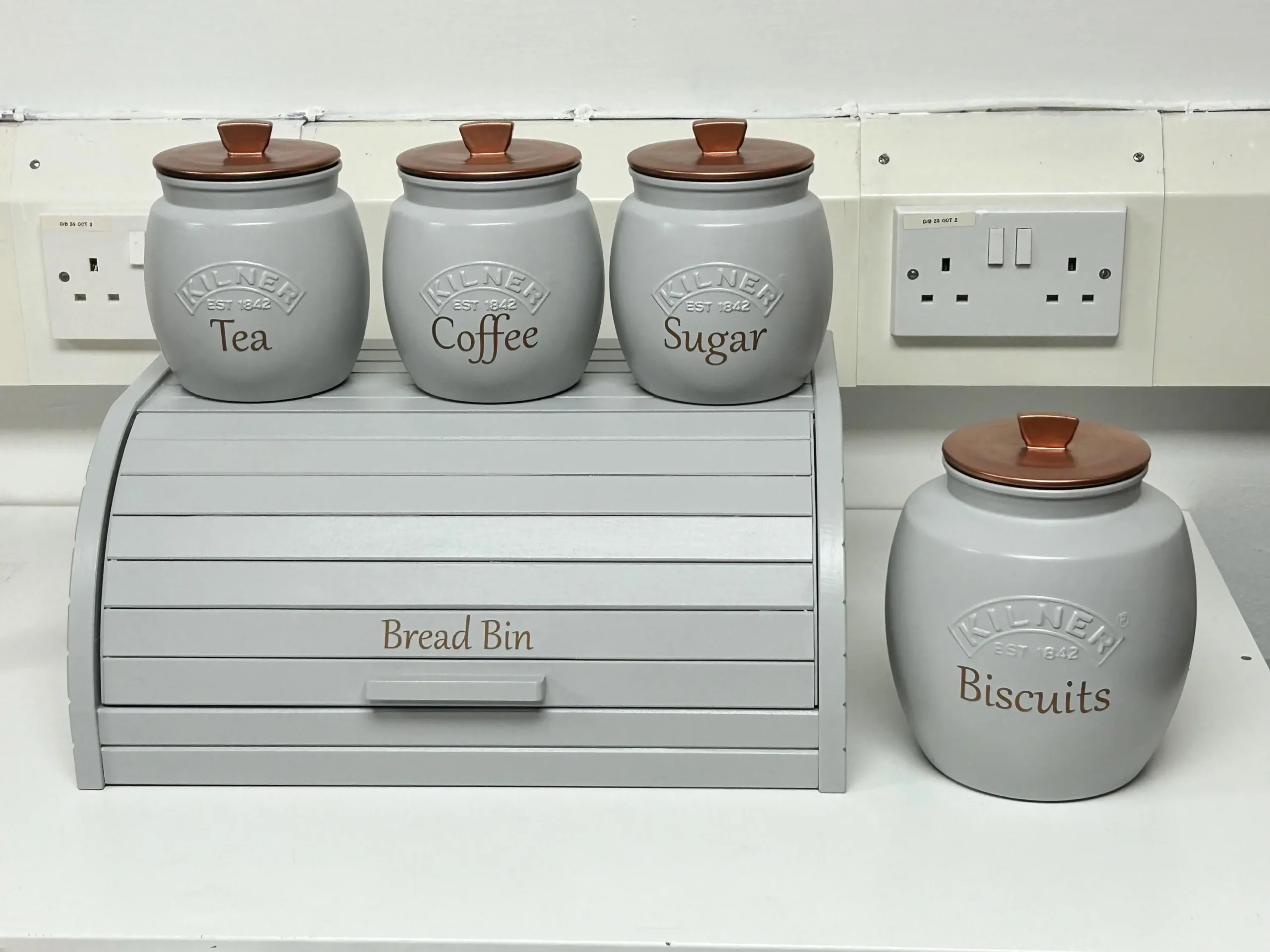 grey copper lid Set - Glamjar Products Light Grey Tea Coffee Sugar Canisters Treats / Cookie Jar Light Grey Bread Bin