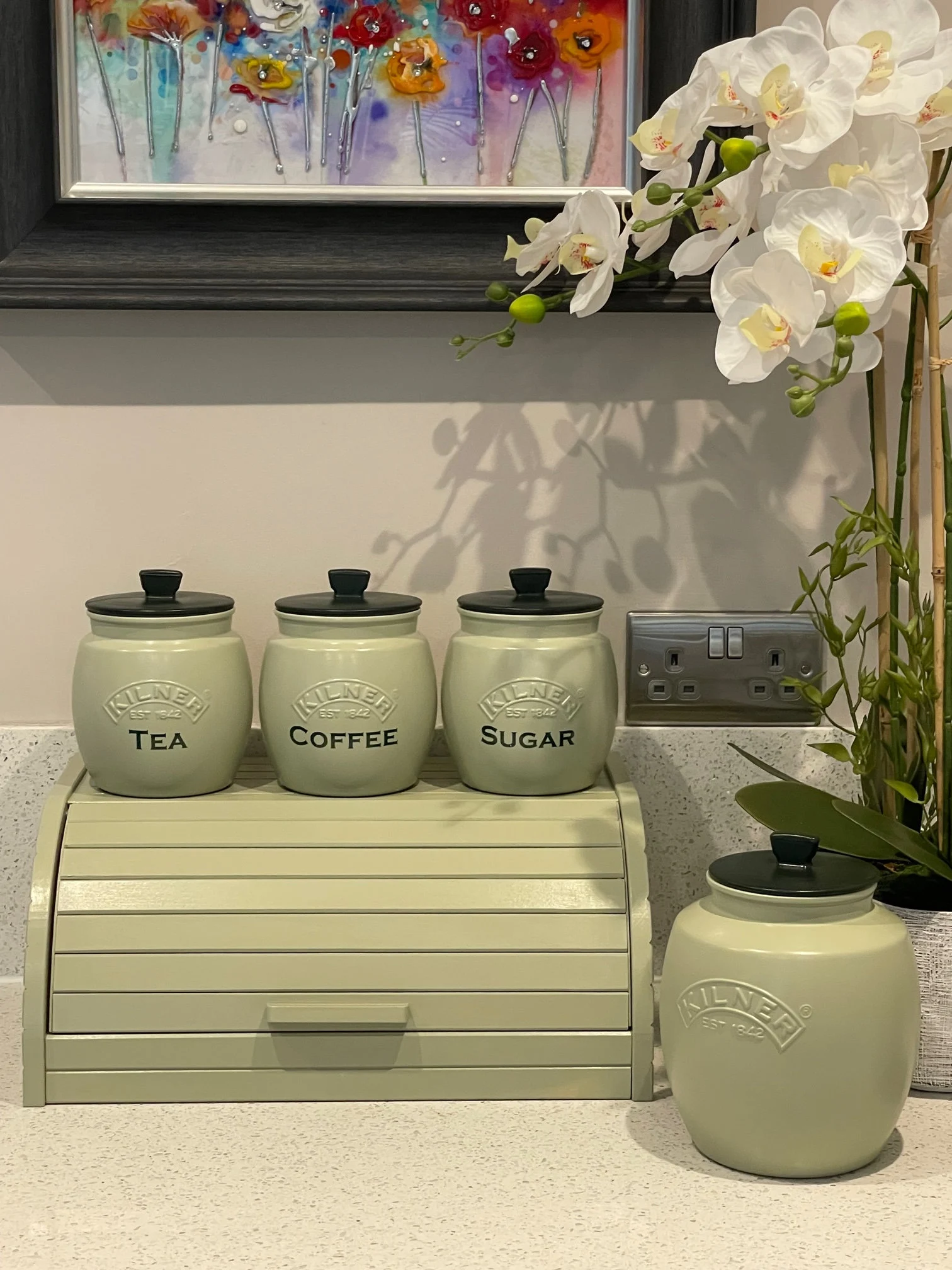 il_fullxfull.4655762715_podi - Glamjar Products Sage Green Kitchen Canister Set: Tea, Coffee, Sugar, Biscuit Jar & Bread Bin