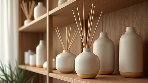 High angle view of a selection of reed diffusers displayed on a shelf