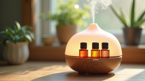 Eye-level view of an essential oil diffuser with colorful oils
