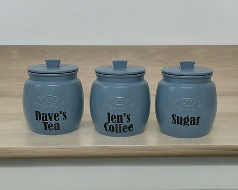 Tea coffee sugar canisters in blue with Dave’s tea and jen’s coffee and sugar on the canisters