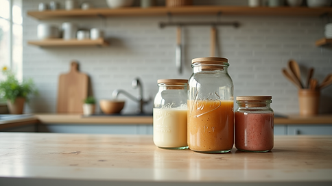 Close-up view of a kitchen countertop with grouped chic jars