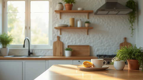 Eye-level view of a well-organized kitchen counter with personal touches