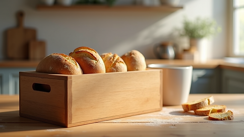 Eye-level view of a wooden bread bin on a kitchen counter