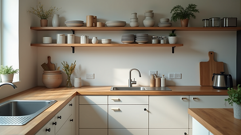 Eye-level view of organized kitchen shelves with personalized storage