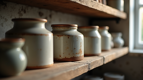 Eye-level view of a rustic kitchen shelf with ceramic jars