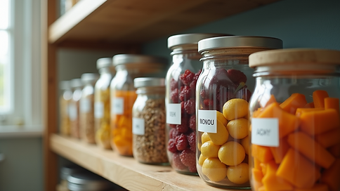 Close-up view of labeled containers for organized food storage