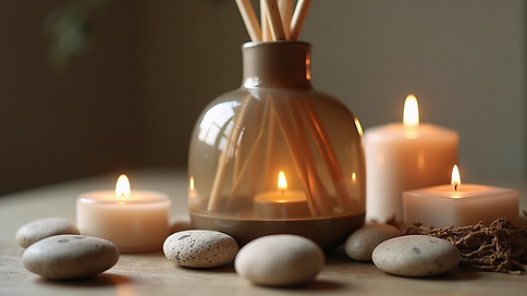 Close-up view of a reed diffuser surrounded by decorative stones and candles