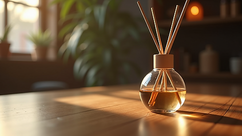 High angle view of a luxurious reed diffuser on a wooden table