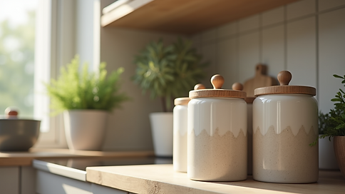 Eye-level view of personalised kitchen canisters filled with various ingredients