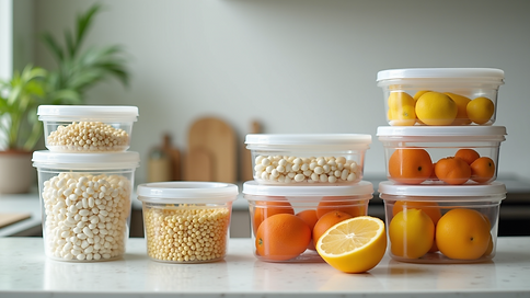 Close-up view of a set of glass food storage containers with lids