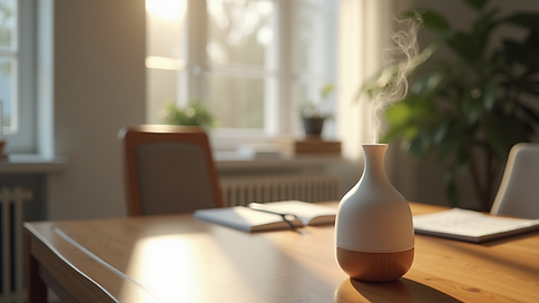 High-angle view of a serene home office featuring scent diffusers