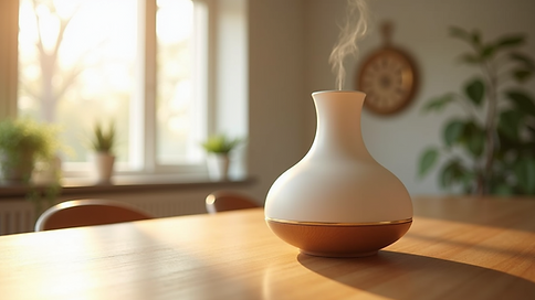 Eye-level view of a reed diffuser set on a wooden table