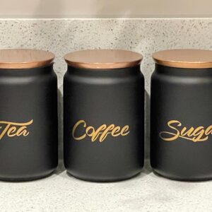Set Of Black Tea Coffee Sugar Canister Sets Copper Lids And Wording