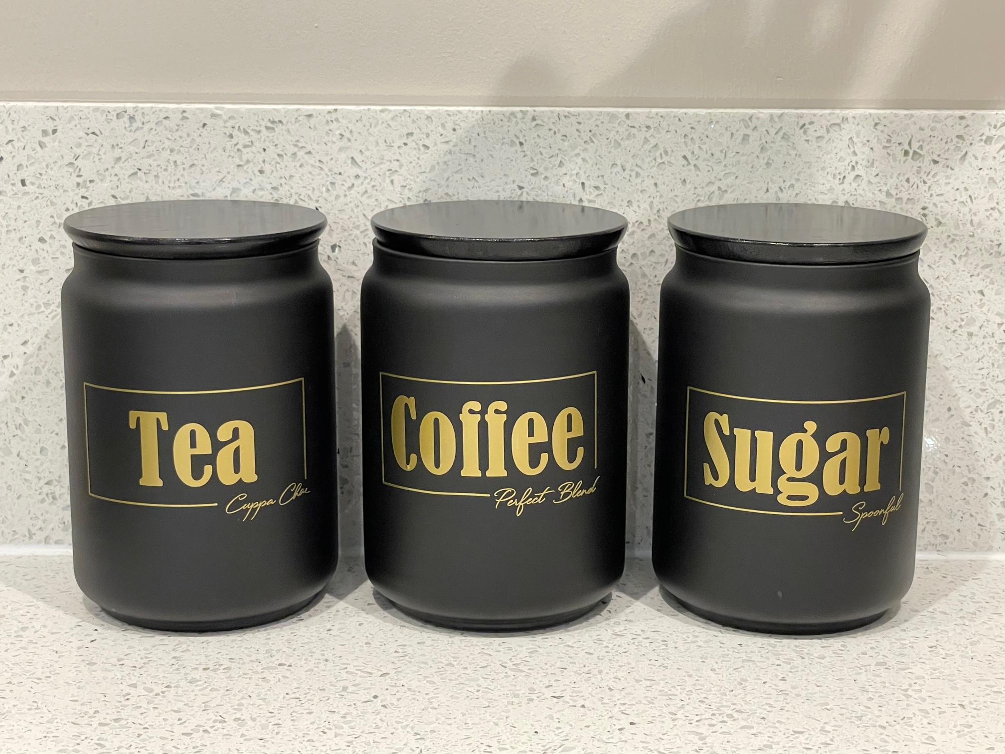 Black and gold Signature Tea coffee sugar Canisters - Glamjar Products Black Kitchen Canister Set Tea Coffee Sugar Storage Jars