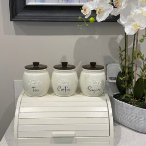 Cream Tea Coffee Sugar Canister and Wooden Bread Bin Box