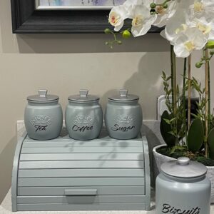 Duck Egg Blue Tea Coffee Sugar Canisters + Treats Cookie jar + Wooden Bread Bin