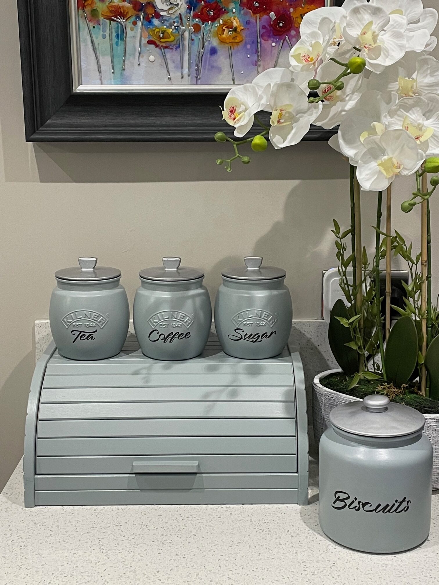 Duck Egg Blue Canister Set with Breadbin - Glamjar Products Duck Egg Blue Tea Coffee Sugar Canisters + Treats Cookie jar + Wooden Bread Bin
