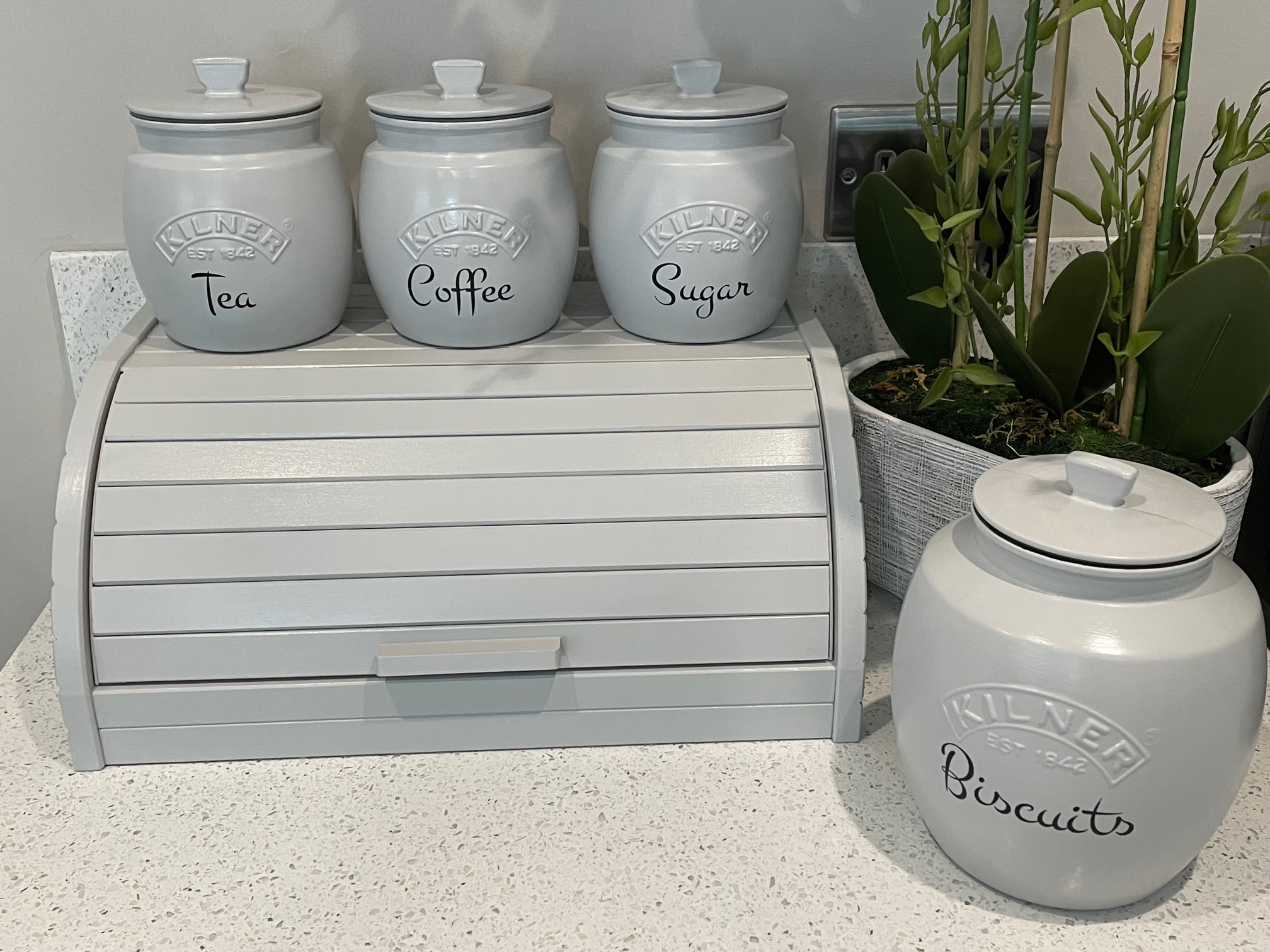 IMG_4236 - Glamjar Products Light Grey Tea Coffee Sugar Canisters set Biscuit/Cookie Jar and Bread Bin Box