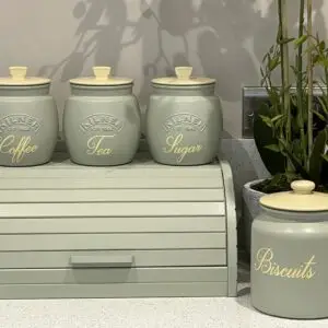 Sage Green 3 Canisters Set with Biscuit Jar, Bread Bin and Utensil