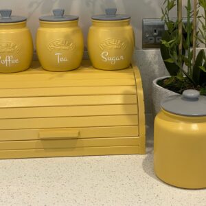 Yellow Tea Coffee Sugar Canister set Biscuit/Cookie jar and Wooden Bread Bin Box