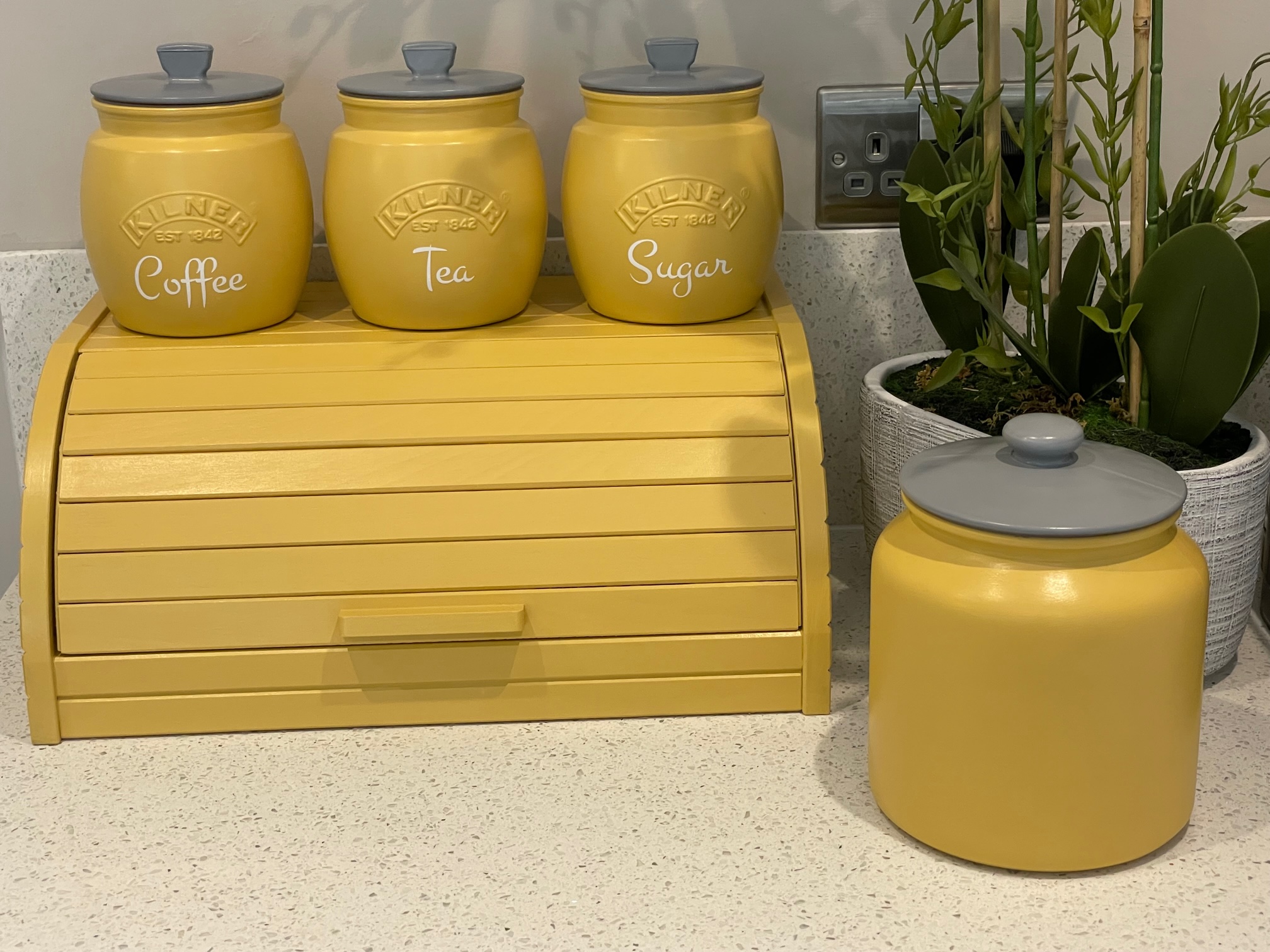IMG_4573 - Glamjar Products Yellow Tea Coffee Sugar Canister set Biscuit/Cookie jar and Wooden Bread Bin Box