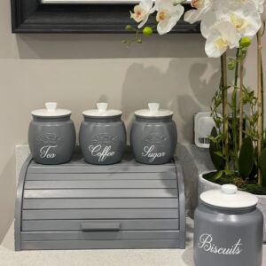 Grey Tea Coffee Sugar Canisters Biscuit Barrel Cookie Jar And Wooden Bread