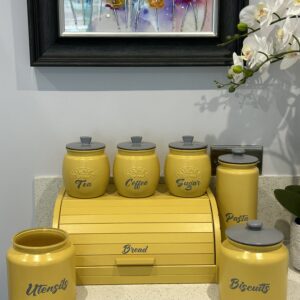 Tea coffee Sugar Yellow Storage Canisters choice of wording lid colo