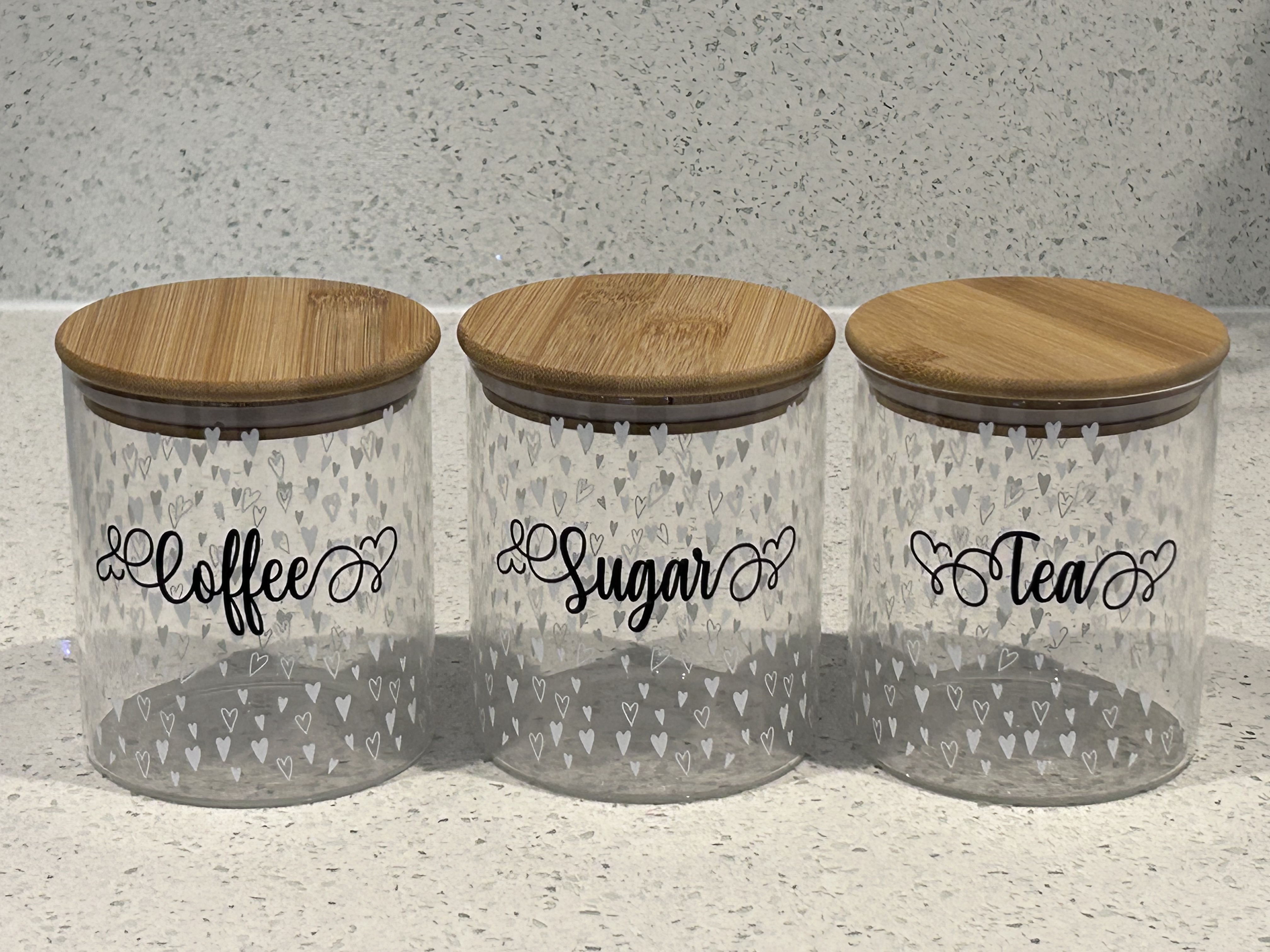 Set Of 3 Heart Glass Storage Tea coffee Sugar Canisters White Printed Heart
