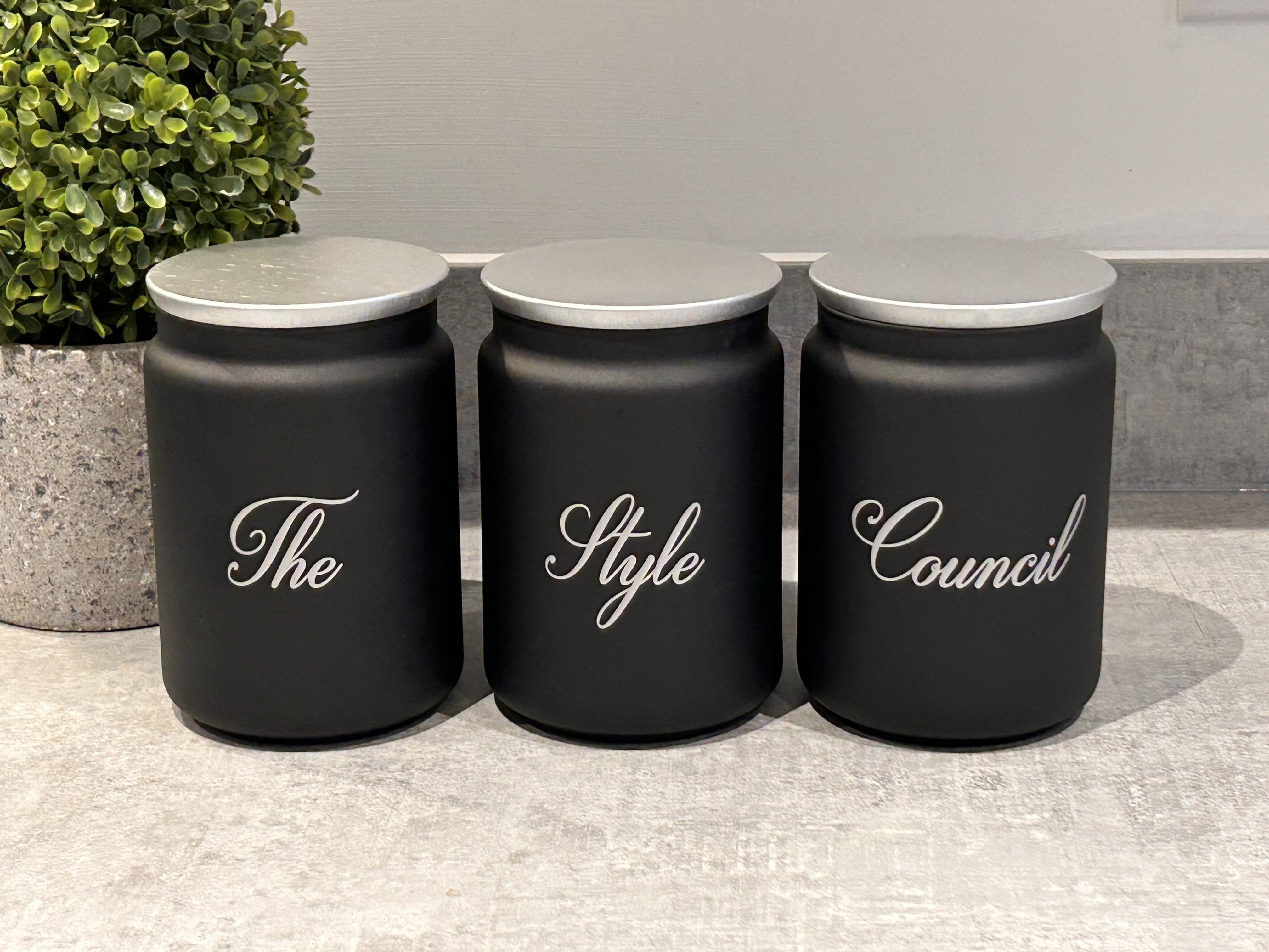Black Tea Coffee Sugar Kitchen Storage Canister Sets shown with Silver Lids
