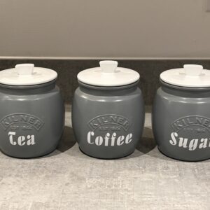 Grey Tea Coffee Sugar Canisters With White lids Kitchen Storage Containers