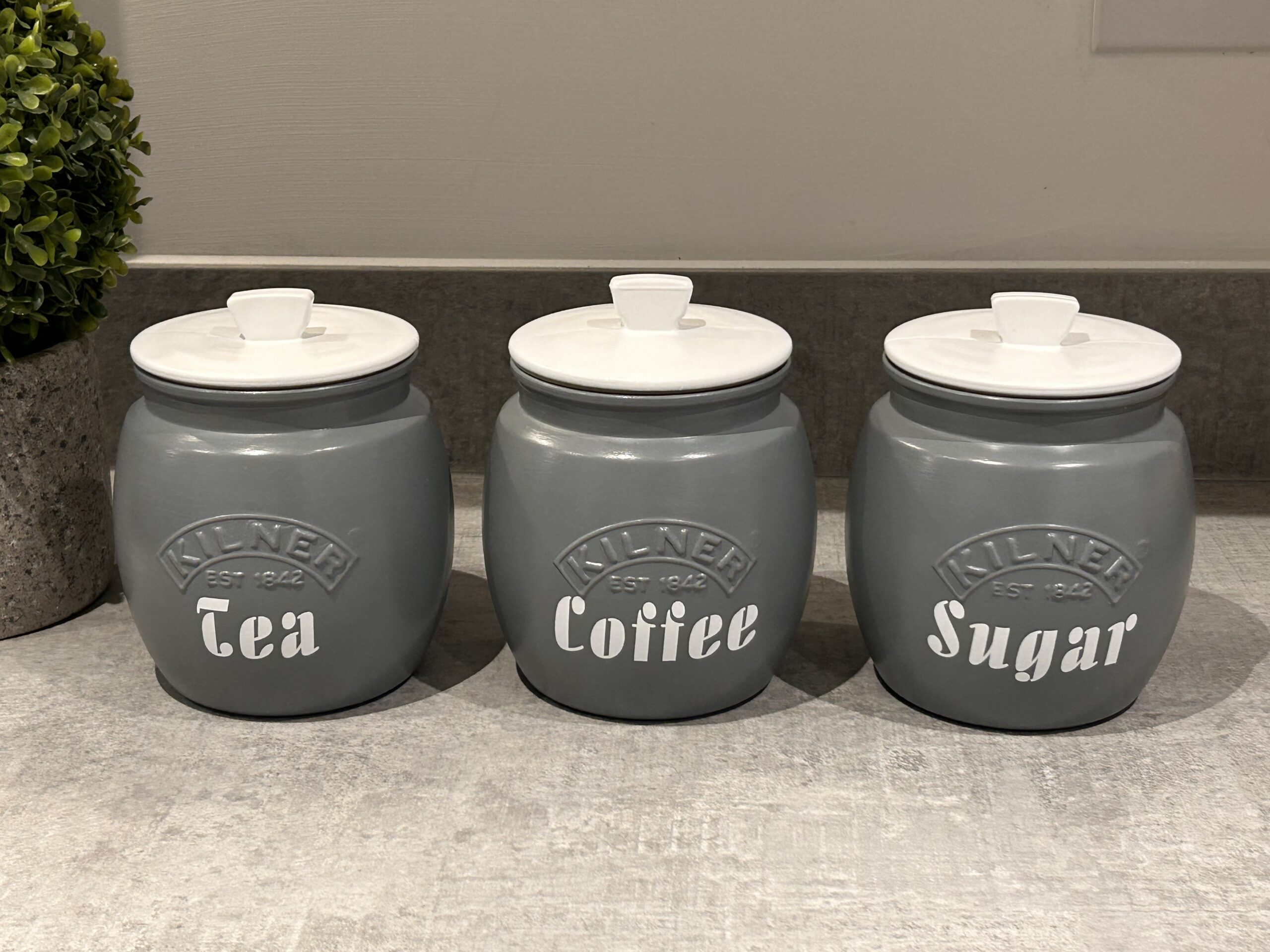 IMG_8355 - Glamjar Products Grey Tea Coffee Sugar Canisters With White lids Kitchen Storage Containers
