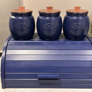 Navy Blue Tea Coffee Sugar Canisters set with Breadbin