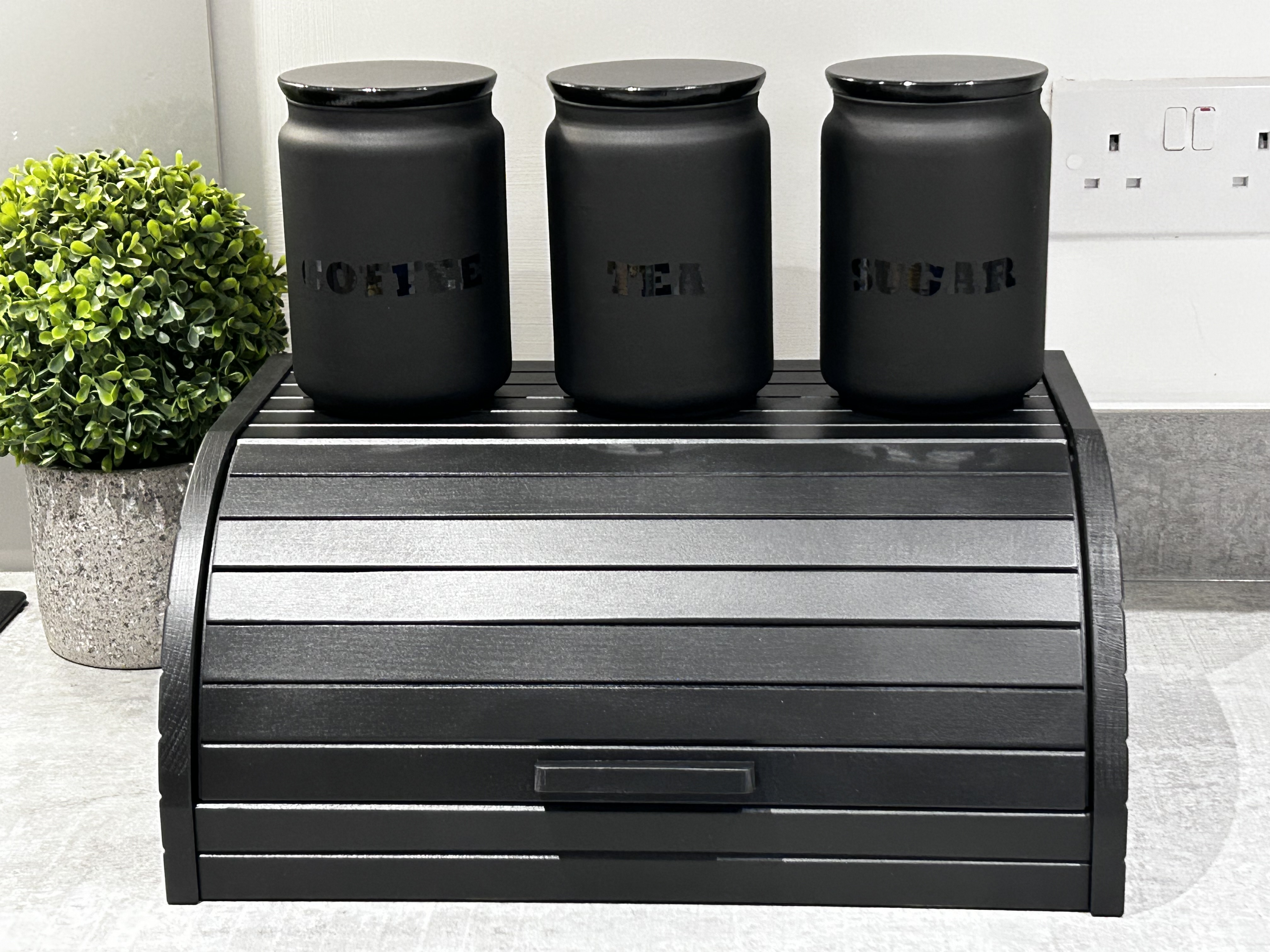 Black Tea Coffee Sugar Canisters with Bread bin Kitchen Storage