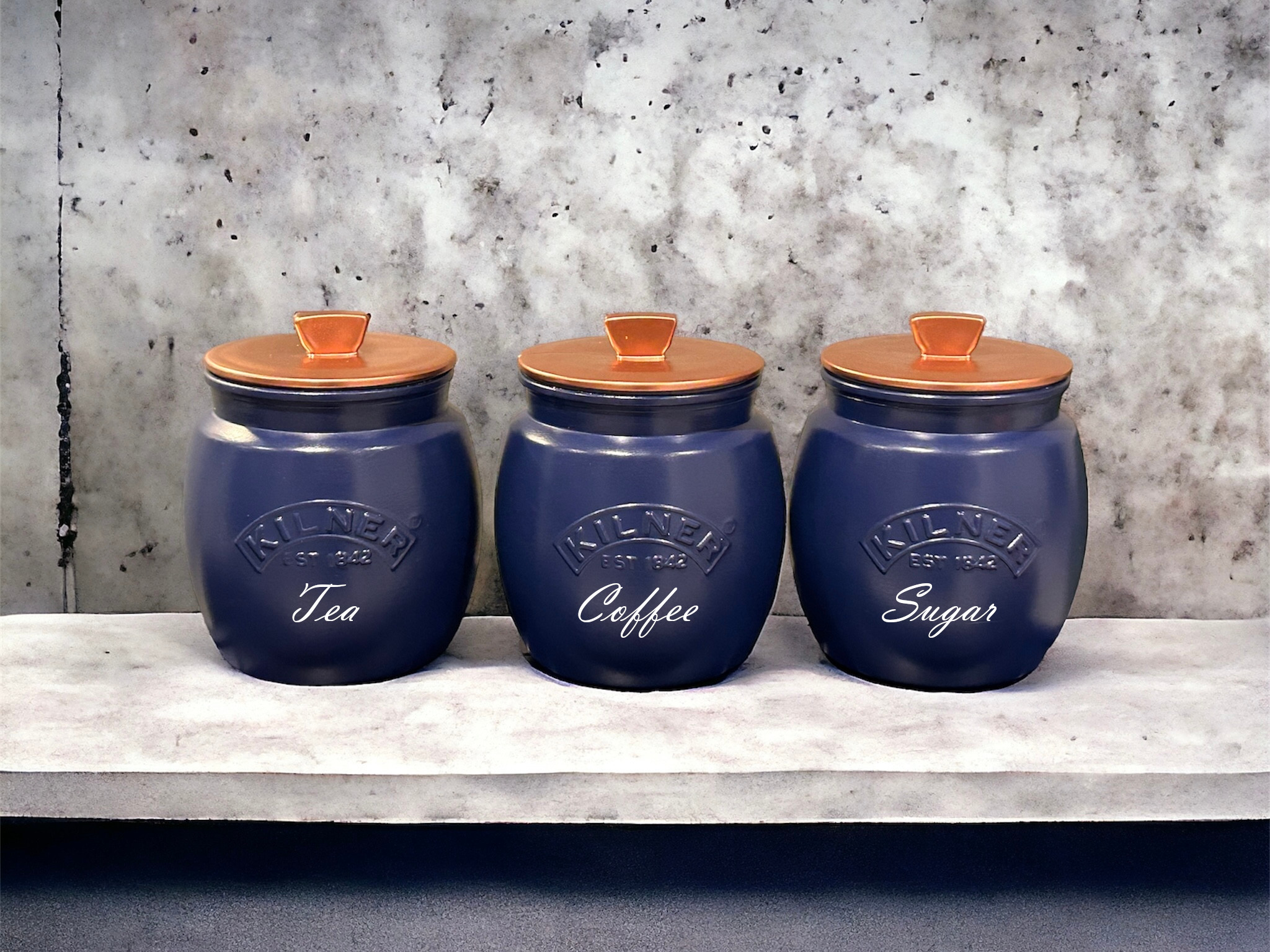 Navy Canisters Font 26 - Glamjar Products Navy Tea Coffee Sugar canisters – set of 3 Kitchen Canisters