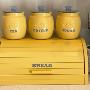 Yellow Tea Coffee Sugar Canisters and Wooden Bread Bin Box
